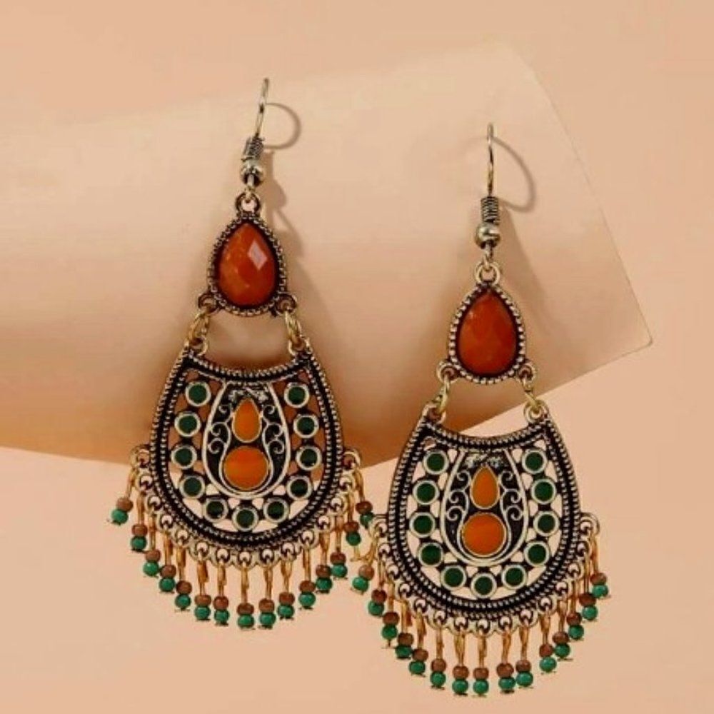 BOHO WESTERN WATER DROP BEADED TASSEL EARRINGS